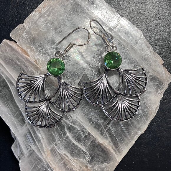 Peridot Ginkgo Leaf Earrings Crystal Stone Jewelry - Picture 5 of 5